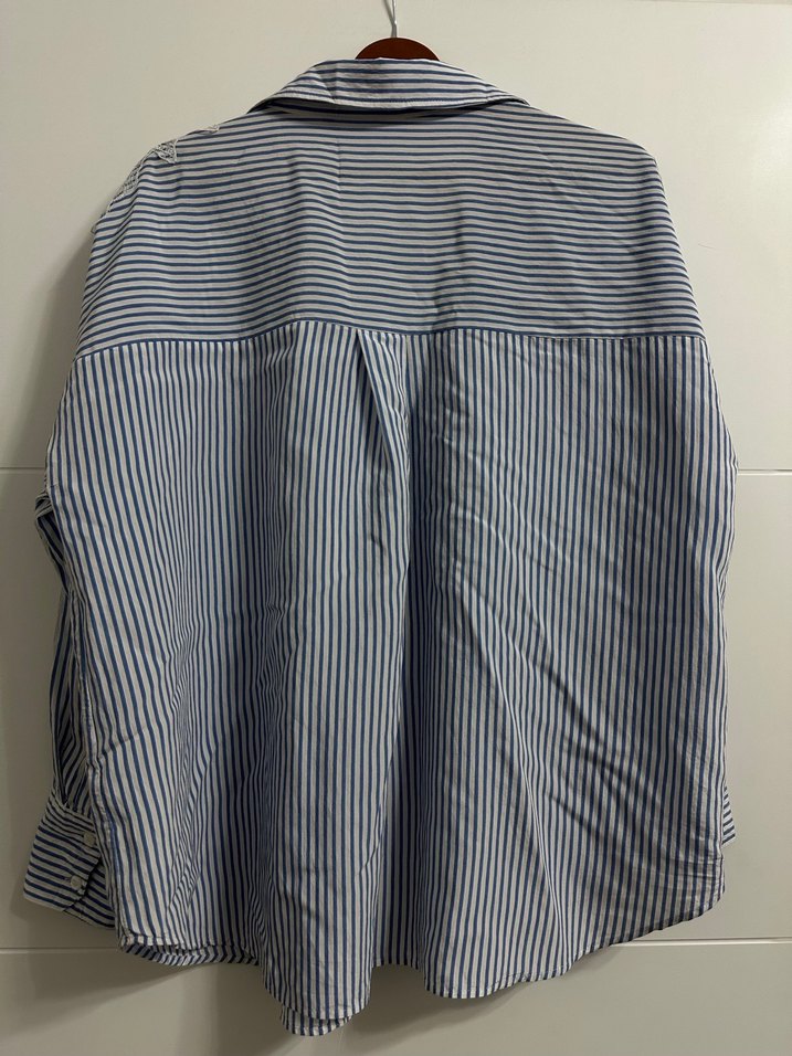 Nakışlı Mavi Çizgili Keten Gömlek - Görsel 2