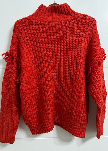 Bohem Kırmızı Örgü Yüksek Yakalı Kadın Kazak - Görsel 2