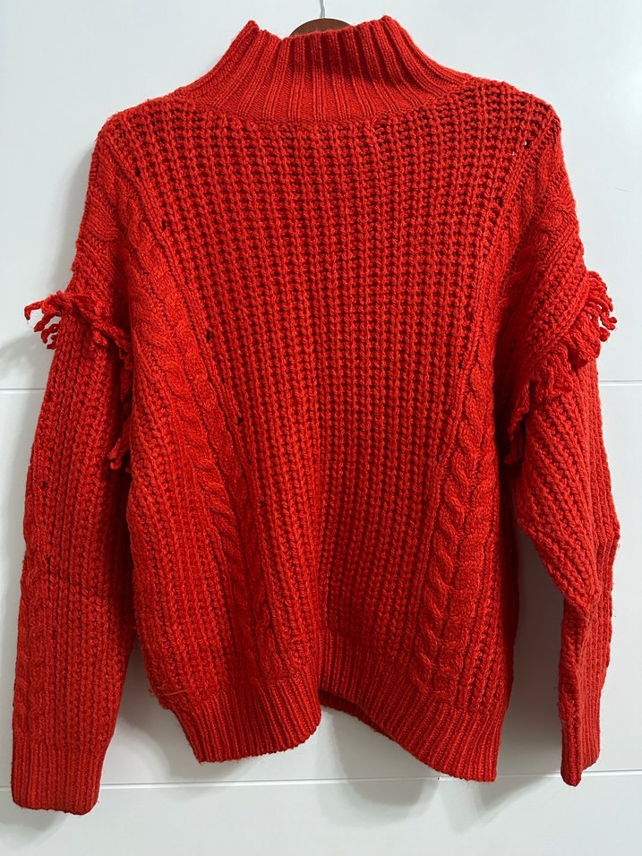 Bohem Kırmızı Örgü Yüksek Yakalı Kadın Kazak - Görsel 2