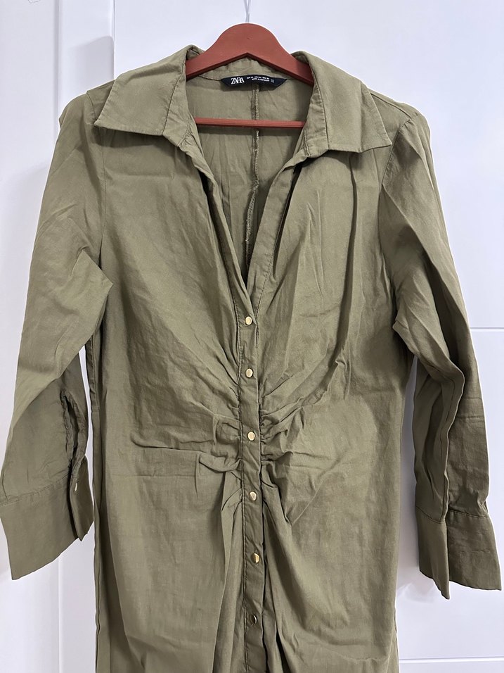 Kadın Haki Uzun Keten Elbise - Görsel 2