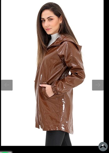 Parlak Kahverengi Deri Kadın Yağmurluk - Görsel 4
