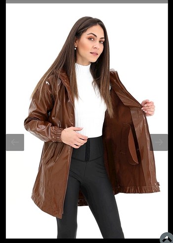 Parlak Kahverengi Deri Kadın Yağmurluk - Görsel 3