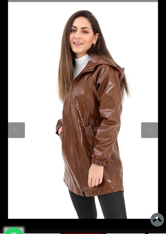 Parlak Kahverengi Deri Kadın Yağmurluk - Görsel 5