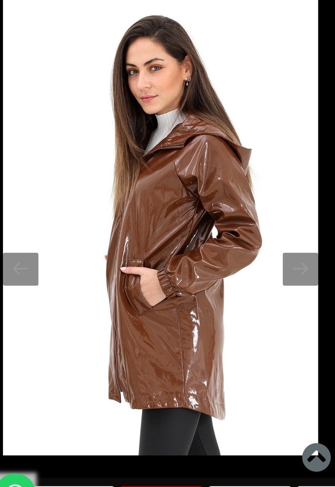 Parlak Kahverengi Deri Kadın Yağmurluk - Görsel 4