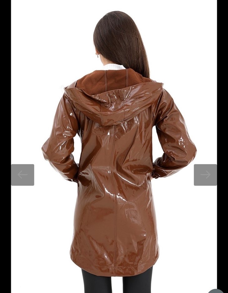 Parlak Kahverengi Deri Kadın Yağmurluk - Görsel 2