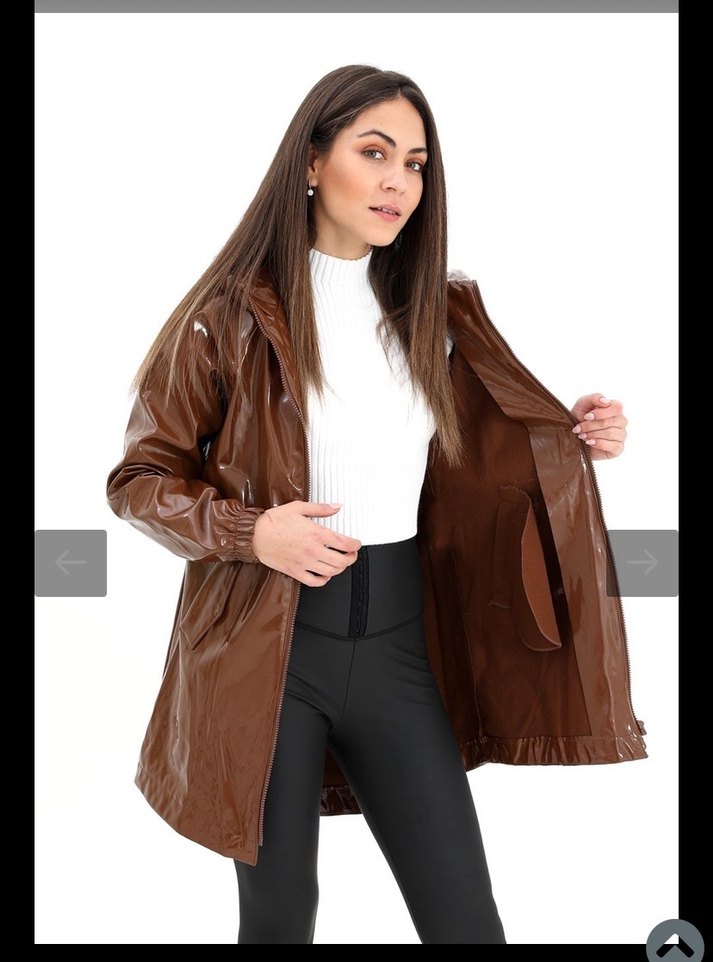 Parlak Kahverengi Deri Kadın Yağmurluk - Görsel 3