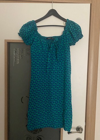 Turkuaz Bohem Kısa Kollu Mini Elbise