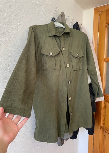 40 Beden Kadın Khaki Düğmeli Keten Gömlek