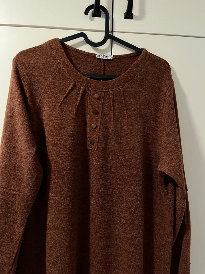 Düğmeli Kahverengi Uzun Kollu Kadın Triko Tunik - Görsel 2