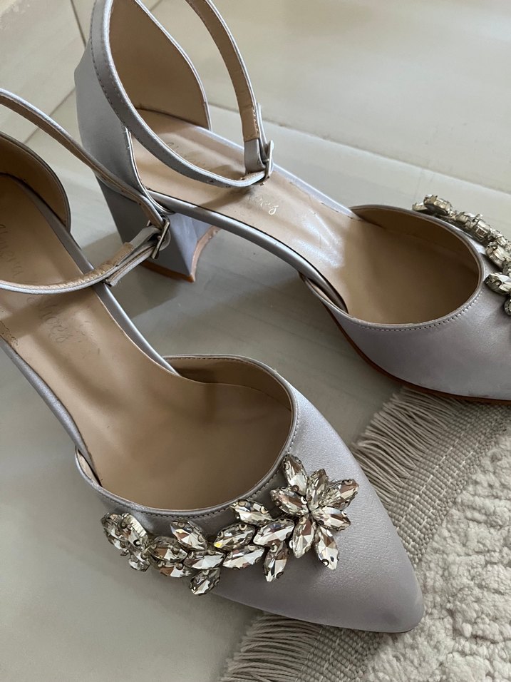 Taşlı Gümüş Kısa Topuklu Ayakkabı - Görsel 2