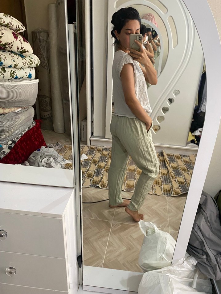 Kadın Khaki Keten  Detaylı Bol Pantolon - Görsel 2