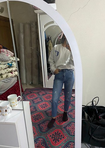 Kadın Beyaz Batik Desenli Midi Denim Pantolon - Görsel 2