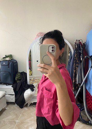 Pembe Düğmeli Kısa Kollu Pamuklu Gömlek - Görsel 4