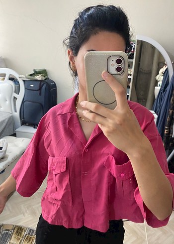 Pembe Düğmeli Kısa Kollu Pamuklu Gömlek - Görsel 6