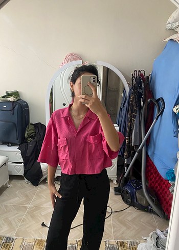 Pembe Düğmeli Kısa Kollu Pamuklu Gömlek - Görsel 2