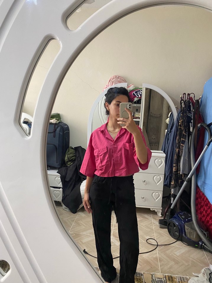 Pembe Düğmeli Kısa Kollu Pamuklu Gömlek - Görsel 3