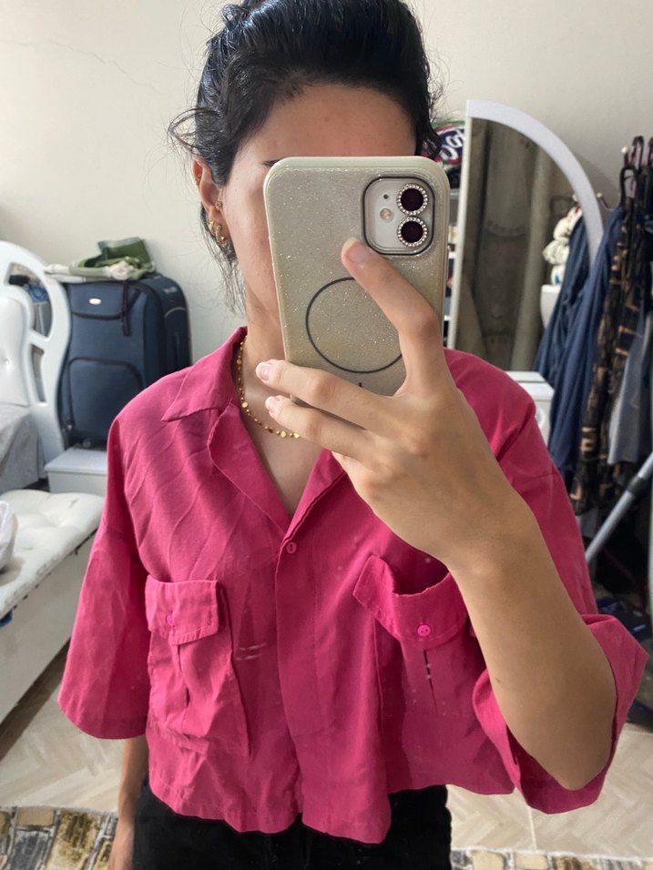 Pembe Düğmeli Kısa Kollu Pamuklu Gömlek - Görsel 5