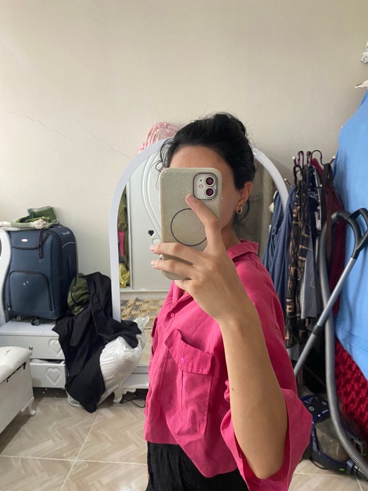 Pembe Düğmeli Kısa Kollu Pamuklu Gömlek - Görsel 4