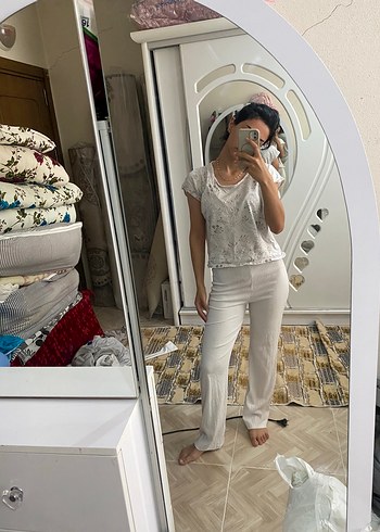 Detaylı Beyaz Kadın Keten Pantolon - Görsel 4