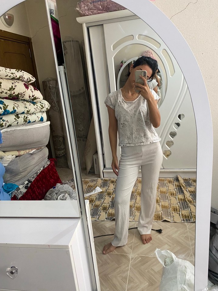 Detaylı Beyaz Kadın Keten Pantolon - Görsel 4