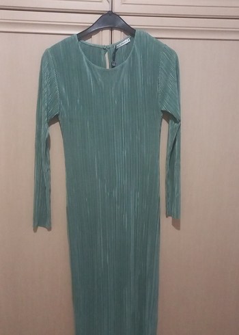 Turkuaz Piliseli Uzun Kollu Kadın Elbise - Görsel 8