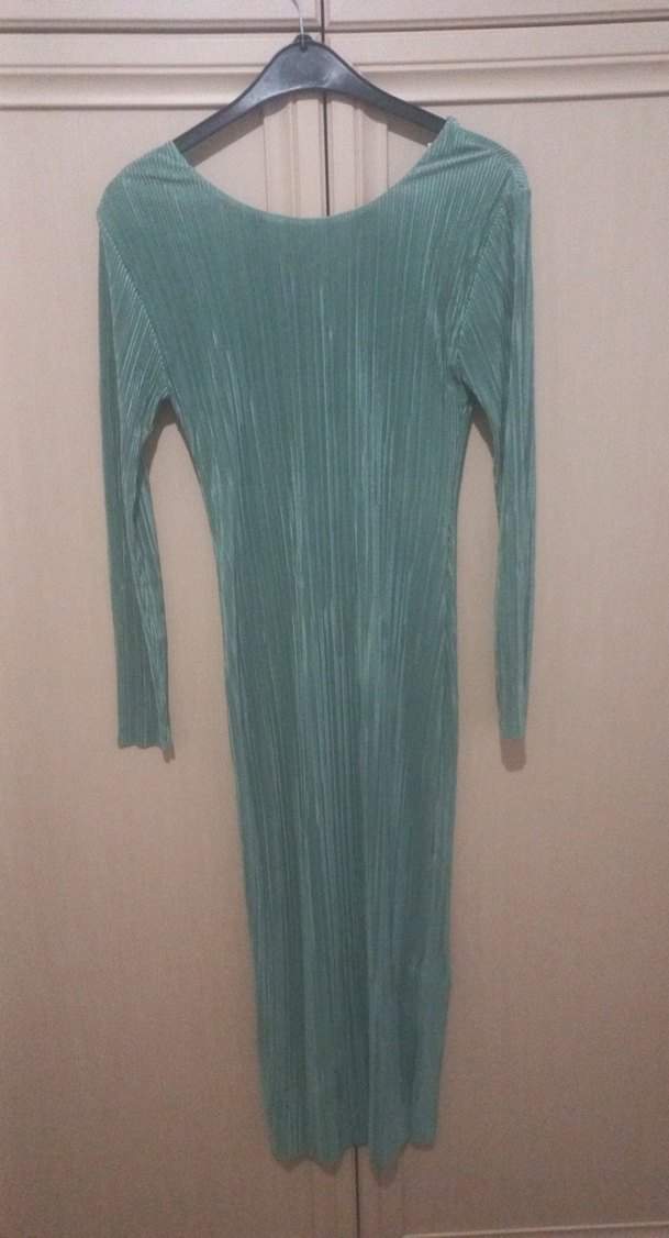 Turkuaz Piliseli Uzun Kollu Kadın Elbise - Görsel 2