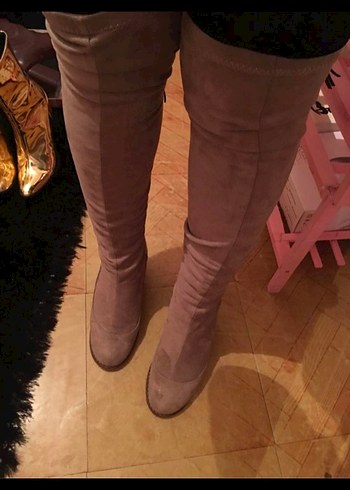 Bej Süet Stiletto Topuklu Diz Boyu Kadın Çizme