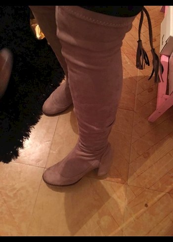 Diğer Bej Süet Stiletto Topuklu Diz Boyu Kadın Çizme