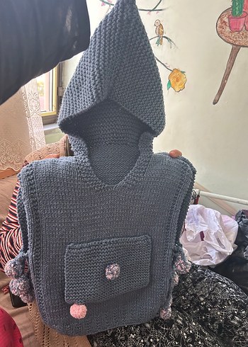 Kız Çocuk Örgü Bohem Gri Panço - Görsel 2