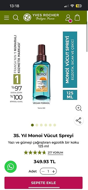 Beden YVES ROCHER MONOİ VÜCUT SPREYİ