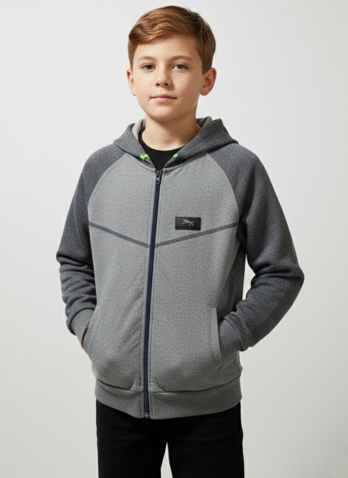Gri Erkek Çocuk Fermuarlı Kapüşonlu Ceket - Görsel 2