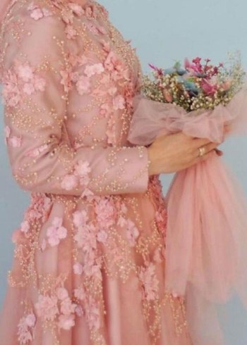 Abiye Pembe 3D Çiçekli Nişan Elbisesi