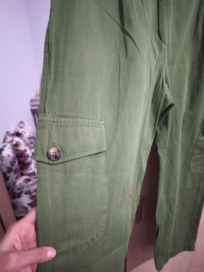 Kemerli Haki Rahat Kesim Keten Kadın Pantolon - Görsel 2