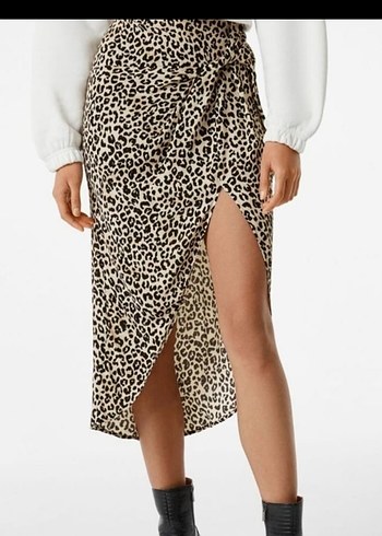 Leopar Desenli Drapeli Midi Etek