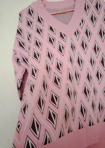 Pembe V Yakalı Örgü Kadın Kazak - Görsel 2