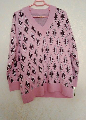 Pembe V Yakalı Örgü Kadın Kazak - Görsel 3