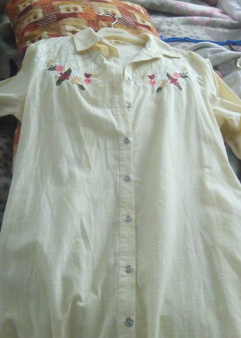 Nakışlı Bej Uzun Kollu Keten Gömlek - Görsel 5