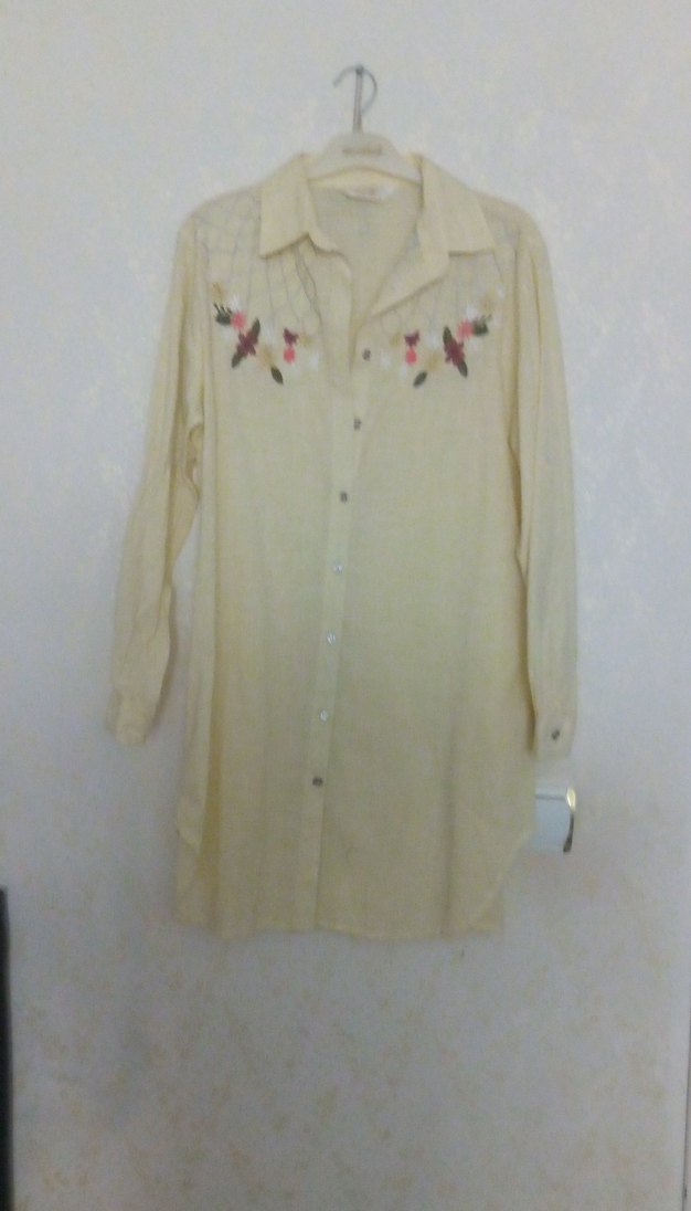 Nakışlı Bej Uzun Kollu Keten Gömlek - Görsel 2