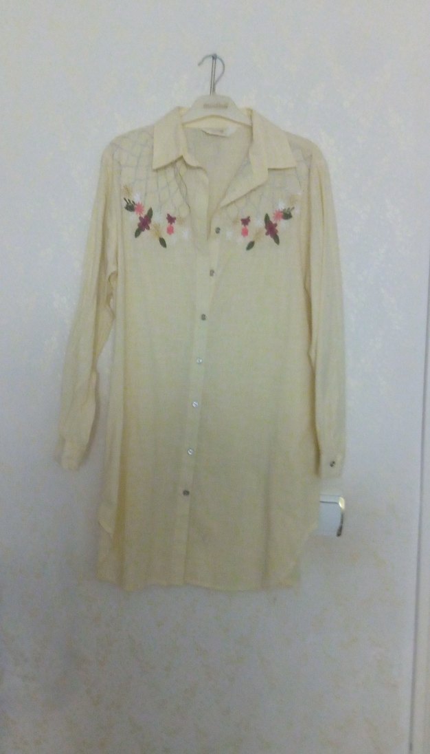 Nakışlı Bej Uzun Kollu Keten Gömlek - Görsel 3