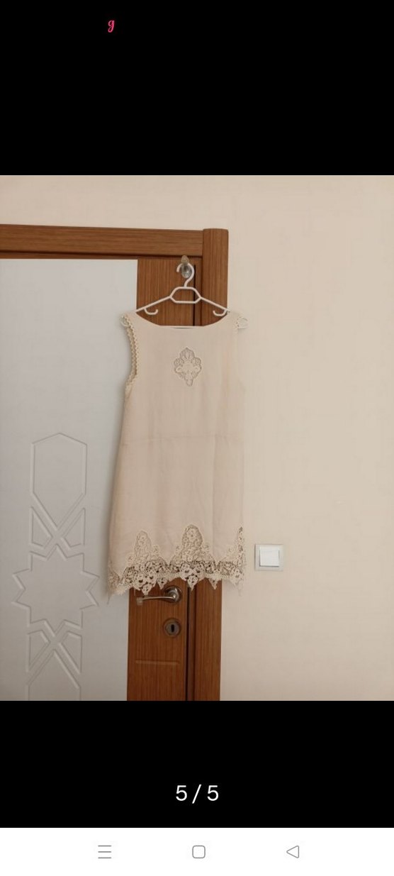 Bej Dantel İşlemeli Kolsuz Mini Elbise, astarlı - Görsel 5