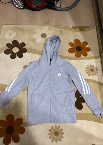 Gri Kapüşonlu Fermuarlı Adidas