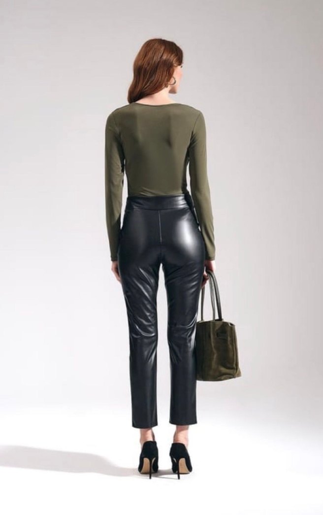 Kemerli siyah Deri Kadın Cigarette Pantolon - Görsel 2