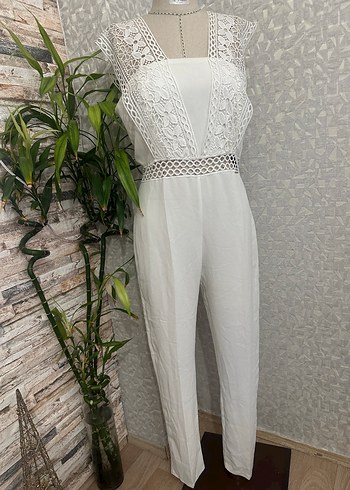 Dantel Detaylı Beyaz Kadın Uzun Tulum - Görsel 10