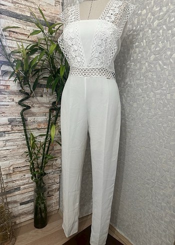 Dantel Detaylı Beyaz Kadın Uzun Tulum - Görsel 5