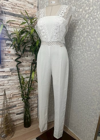 Dantel Detaylı Beyaz Kadın Uzun Tulum - Görsel 3