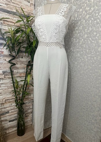 Dantel Detaylı Beyaz Kadın Uzun Tulum - Görsel 8