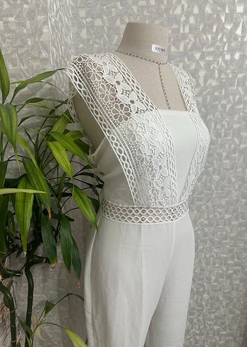 Dantel Detaylı Beyaz Kadın Uzun Tulum - Görsel 2