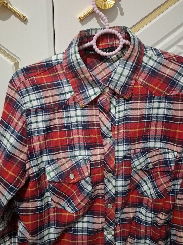 Kadın Renkli Uzun Kollu Kareli Gömlek - Görsel 2