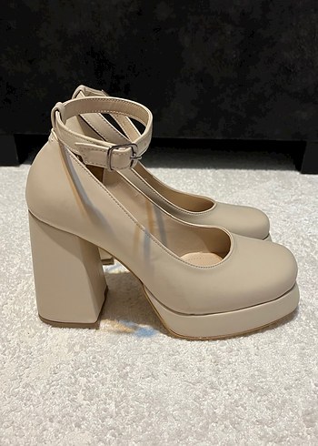 Bej Kalın Topuklu Kadın Ayakkabı - Görsel 4