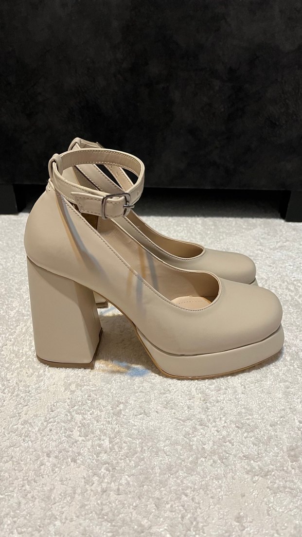 Bej Kalın Topuklu Kadın Ayakkabı - Görsel 4
